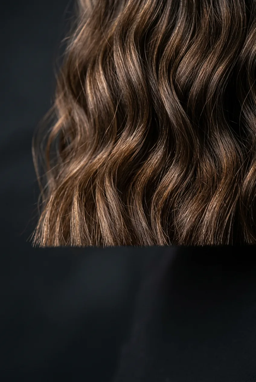 Macro view of blunt cut wavy hair ends displaying crisp straight line across natural curl patterns