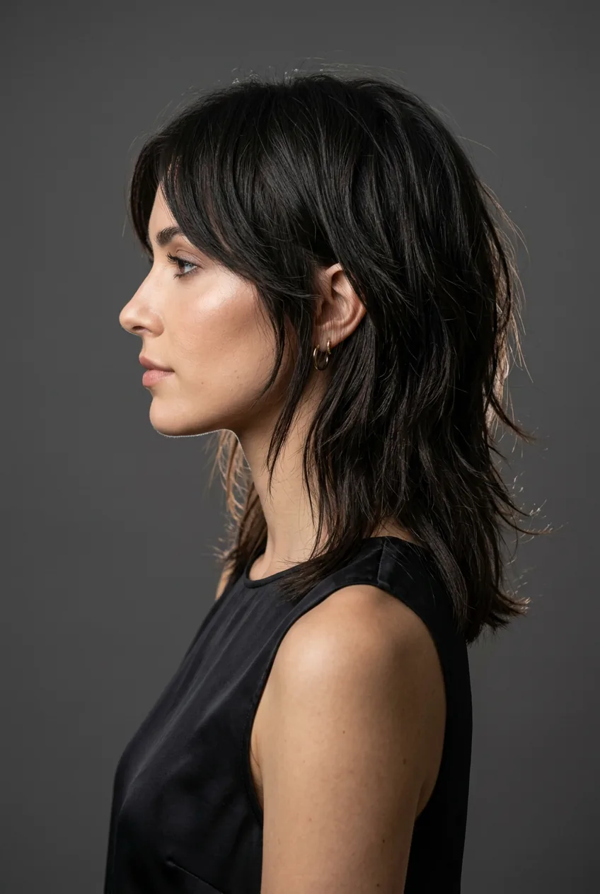 Woman with blunt-ended shag showing straight perimeter with internal layered texture