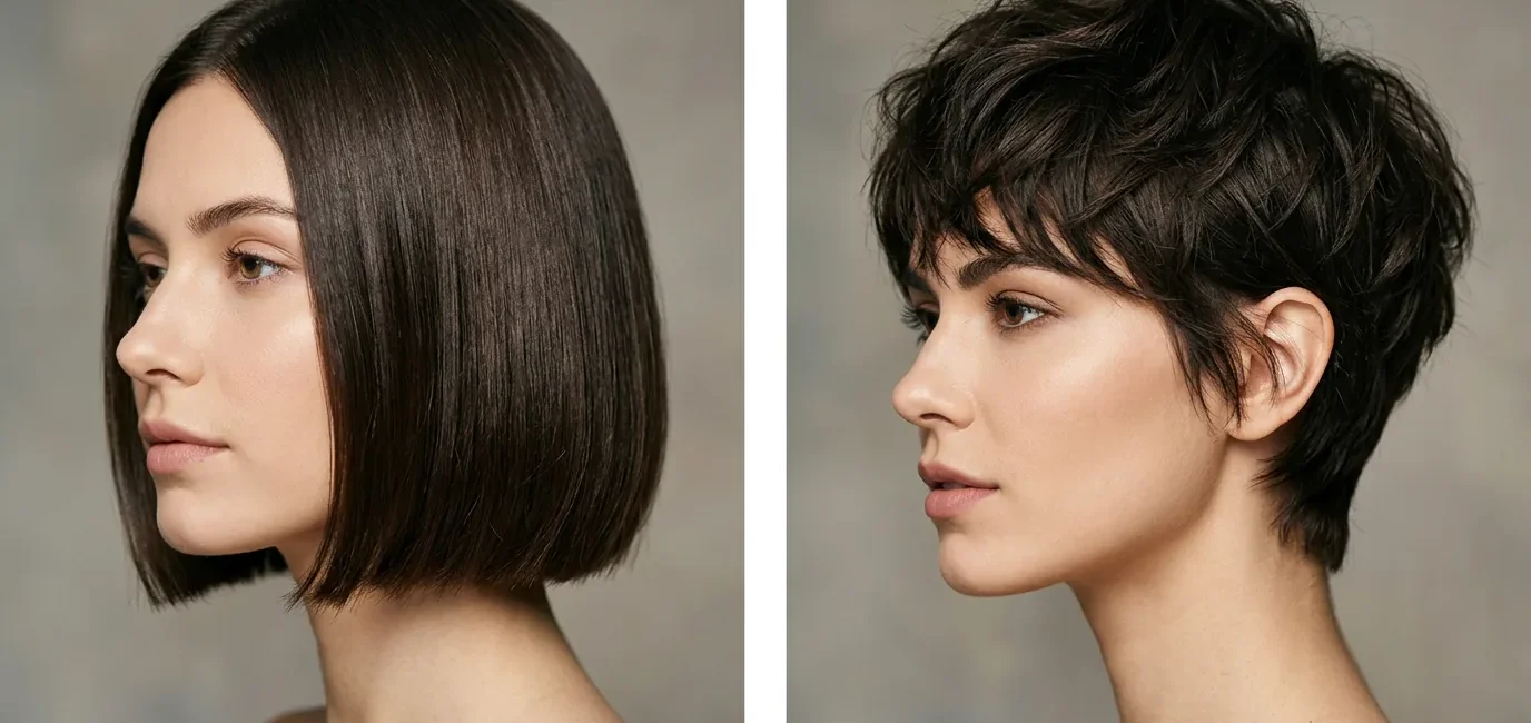 Side by side comparison of woman with chin-length bob and woman with textured pixie cut in studio lighting