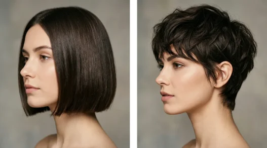 Side by side comparison of woman with chin-length bob and woman with textured pixie cut in studio lighting