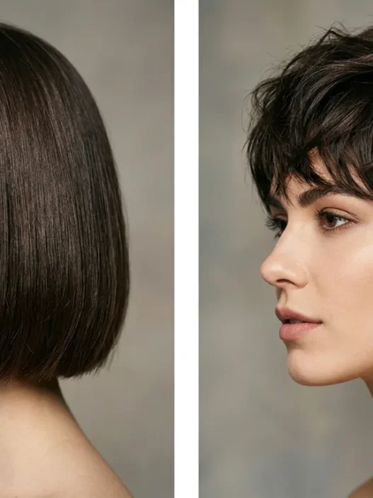 Side by side comparison of woman with chin-length bob and woman with textured pixie cut in studio lighting