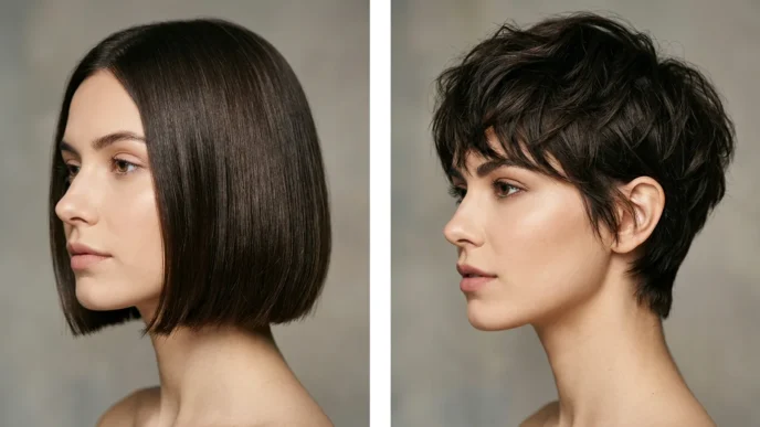 Side by side comparison of woman with chin-length bob and woman with textured pixie cut in studio lighting