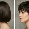 Side by side comparison of woman with chin-length bob and woman with textured pixie cut in studio lighting