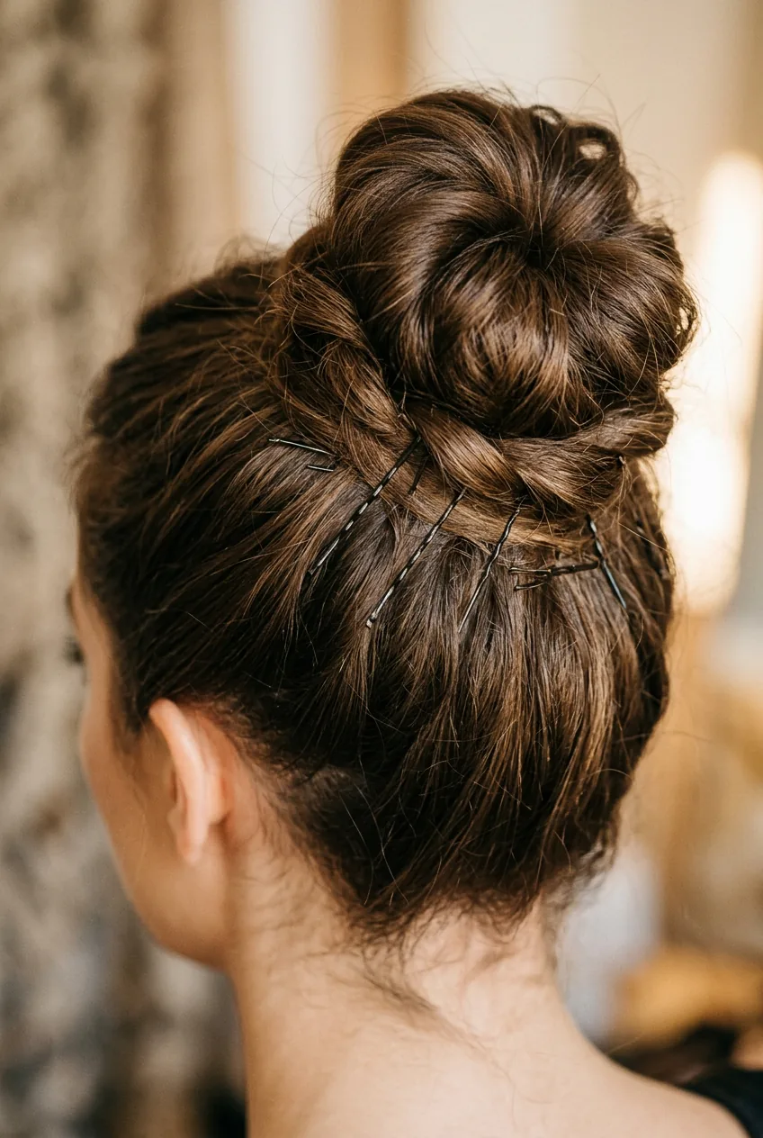 Detailed macro shot of bobby pins securing high bun showing professional styling technique