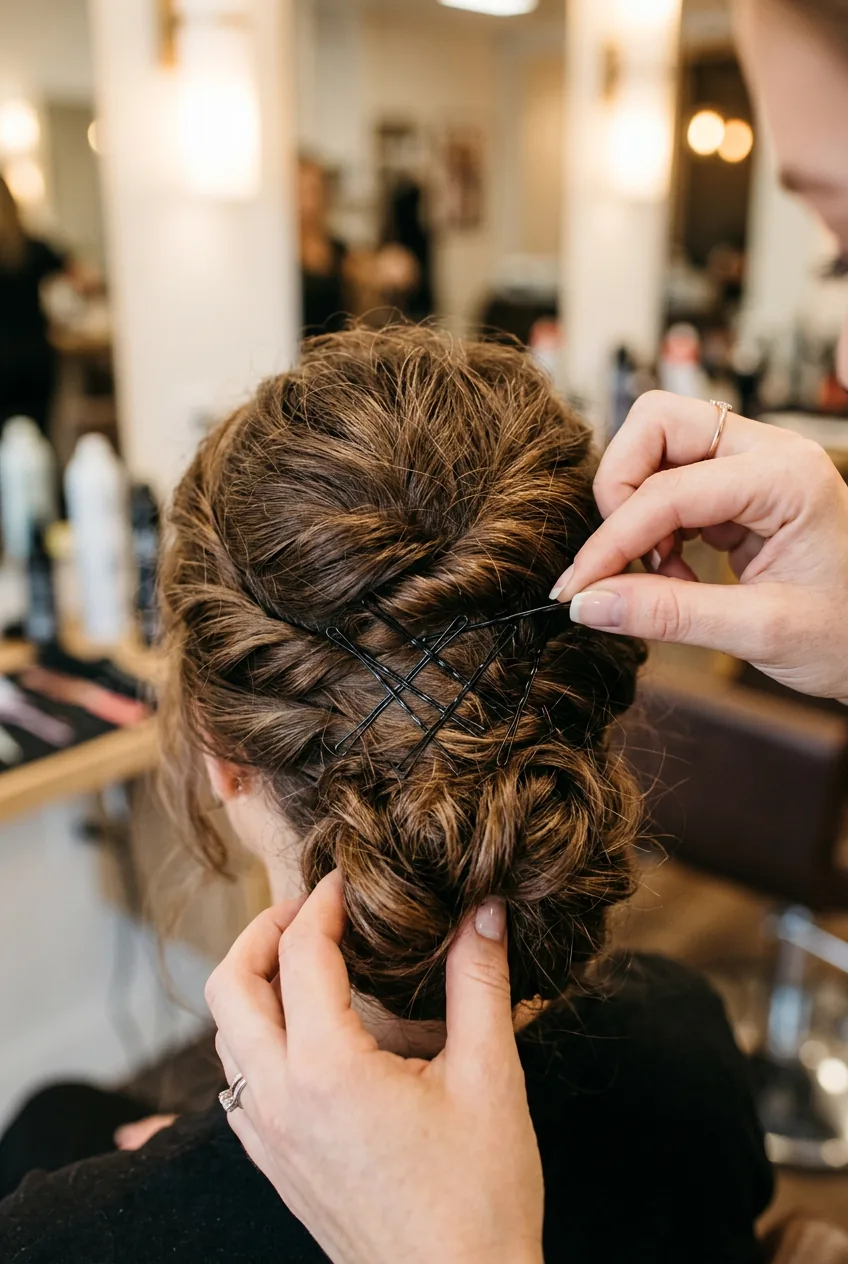 Close-up of bobby pins being inserted in crossing pattern to secure updo structure