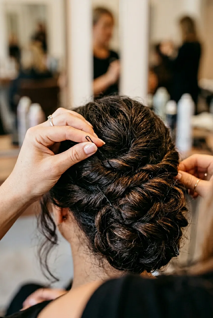 Stylist's fingers securing bobby pin at angle into twisted updo section for structural support