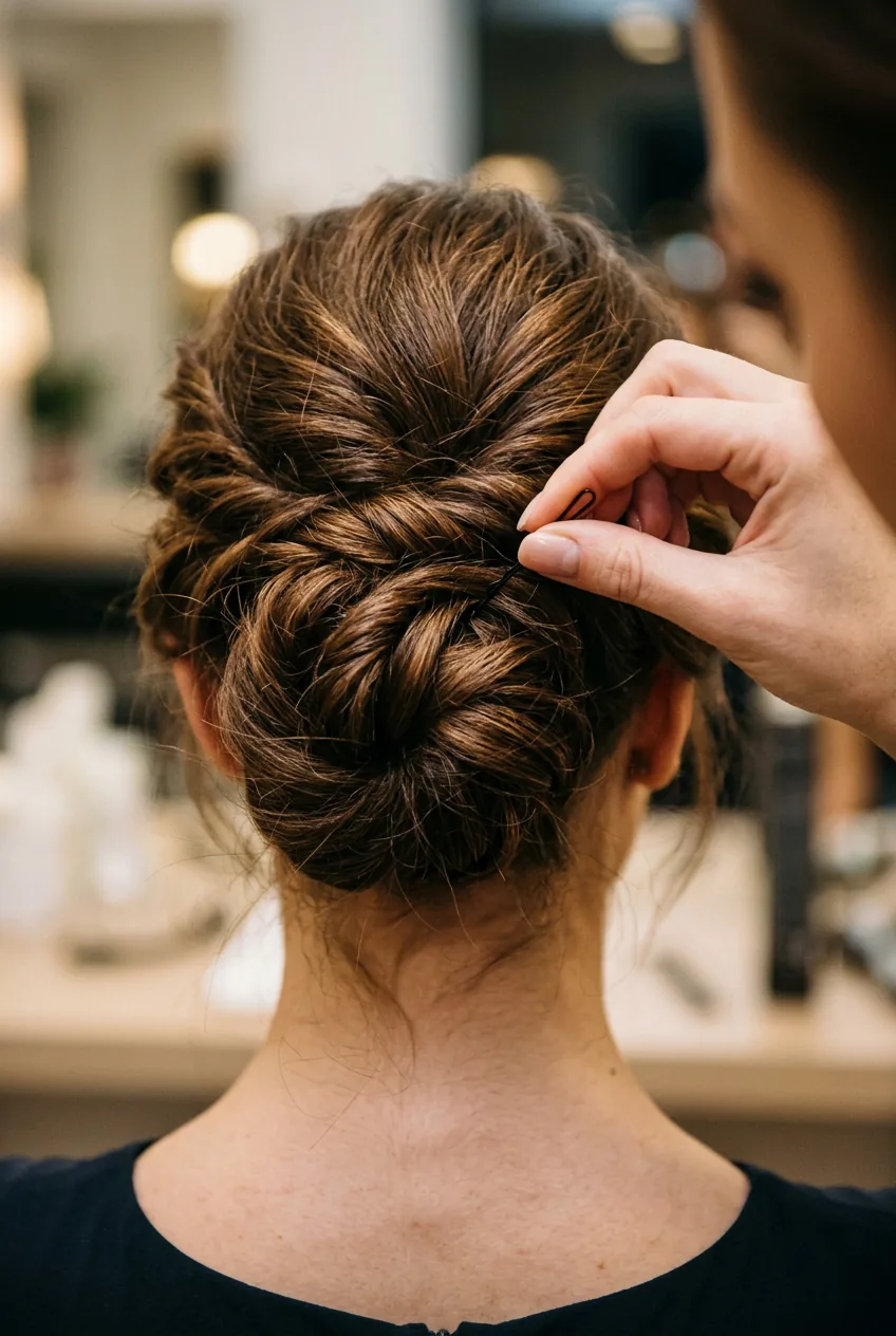 Close-up of stylist's fingers threading bobby pin into twisted hair section during updo styling
