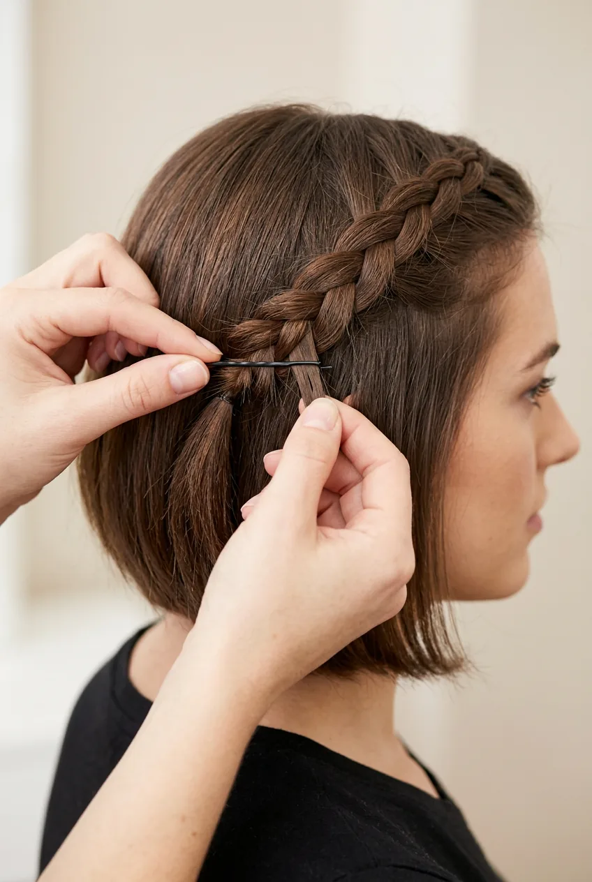 Bobby pins being inserted horizontally into short bob braid for security