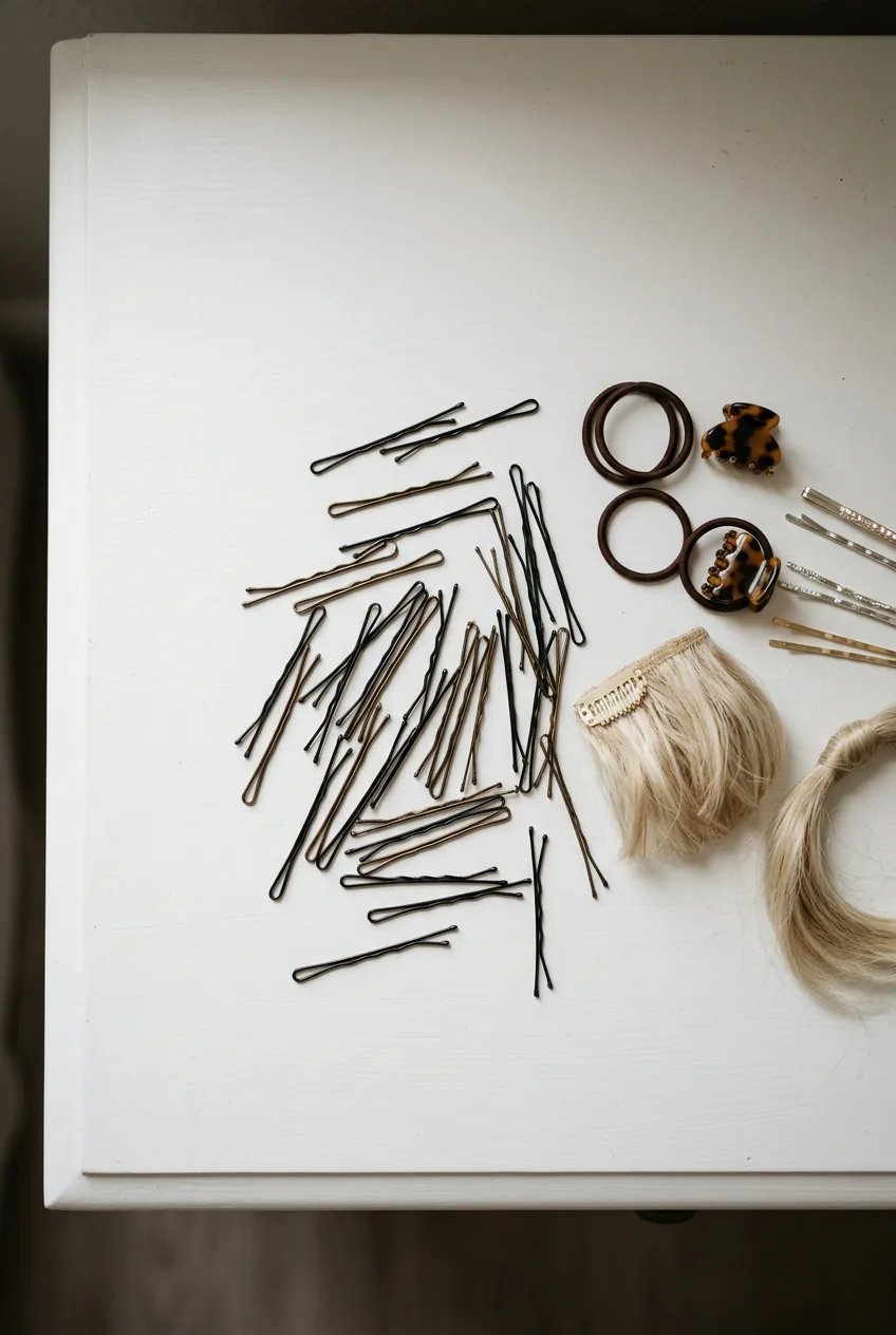 Scattered bobby pins and small blonde hair pieces arranged on white vanity surface next to hair accessories