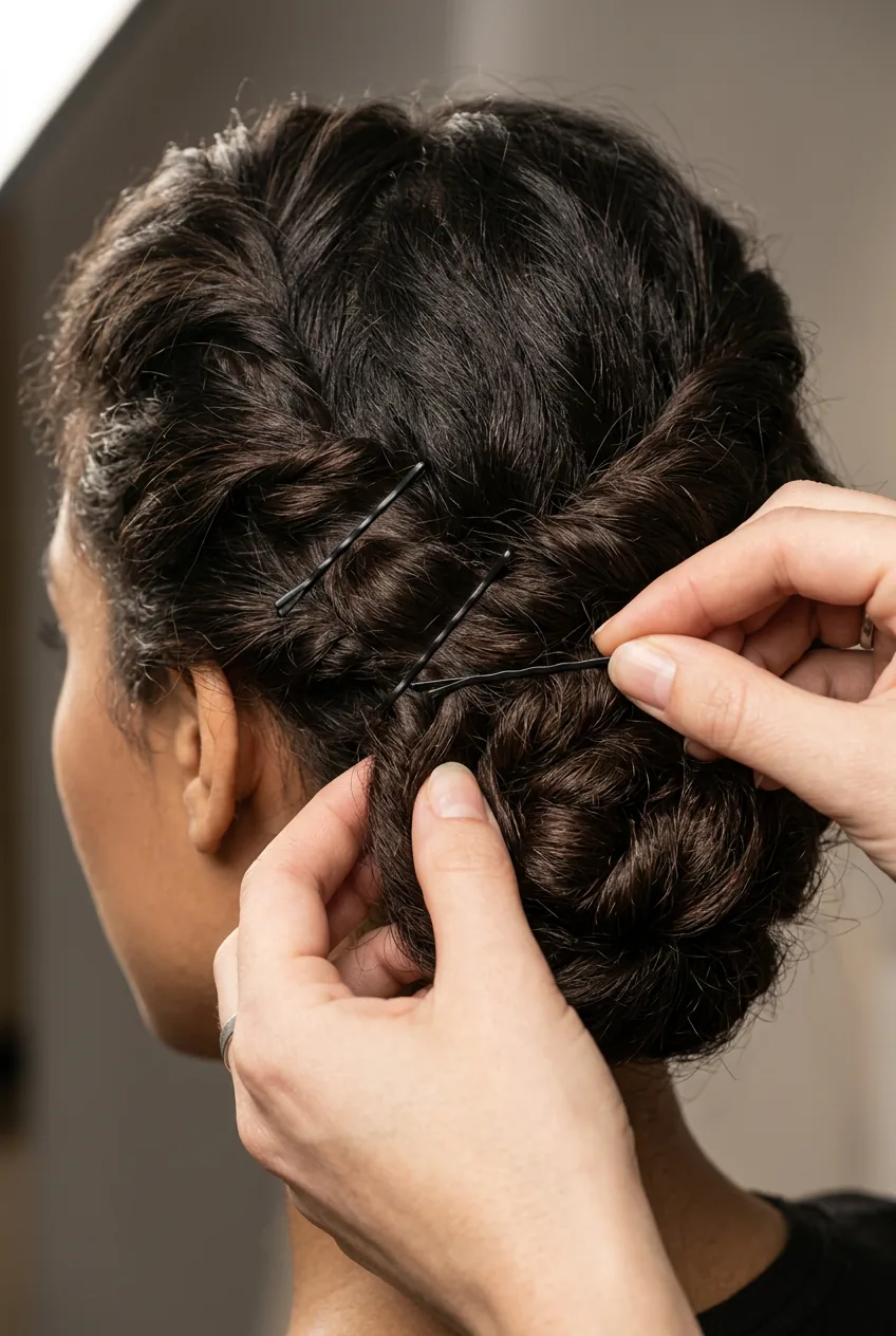 Hands placing bobby pins into twisted hair sections demonstrating proper pinning technique
