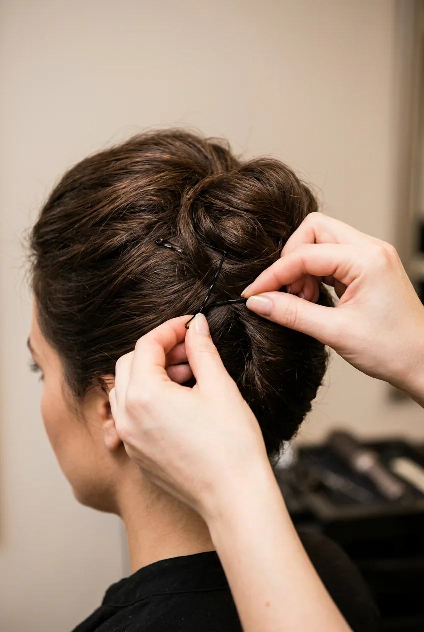 Bobby pins being inserted at angles following head curve to secure volume strategically