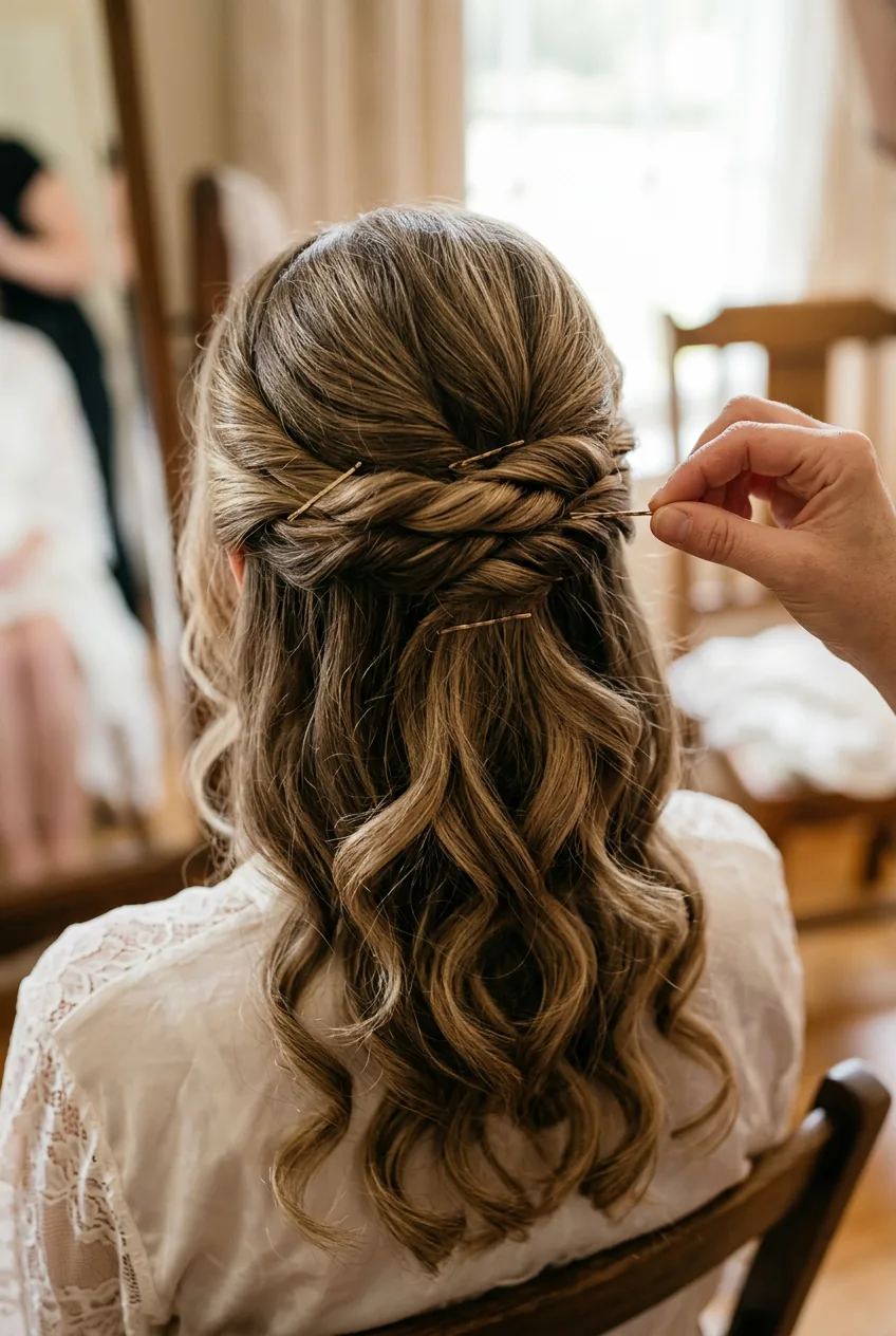 Back view of twisted half-up section being secured with horizontal bobby pins by stylist