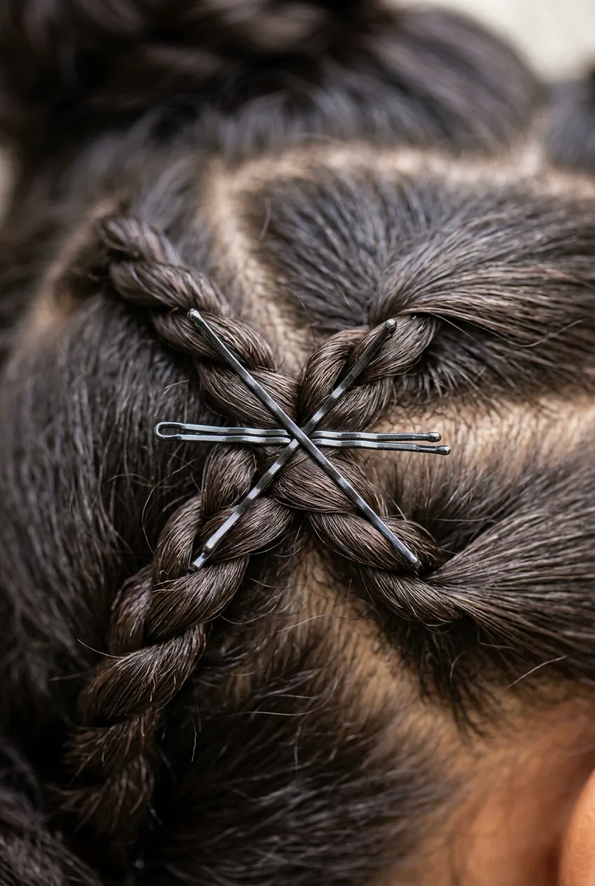 Detailed macro shot showing bobby pins placed in X-pattern through twisted hair sections