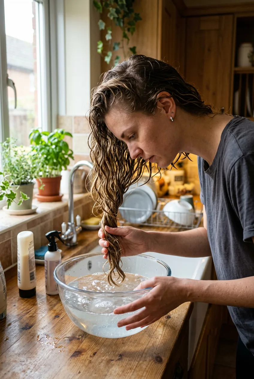 Woman dipping wavy hair section into bowl of water demonstrating bowl method technique