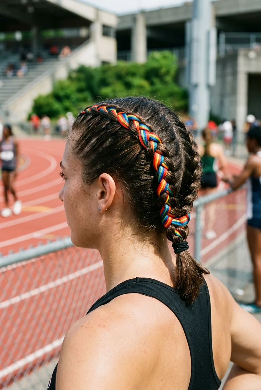 Boxer braids enhanced with colorful ribbon woven through the plaits in athletic styling