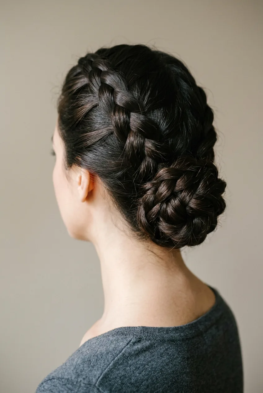 Rear view of braided bun showing dark hair woven into coiled pattern