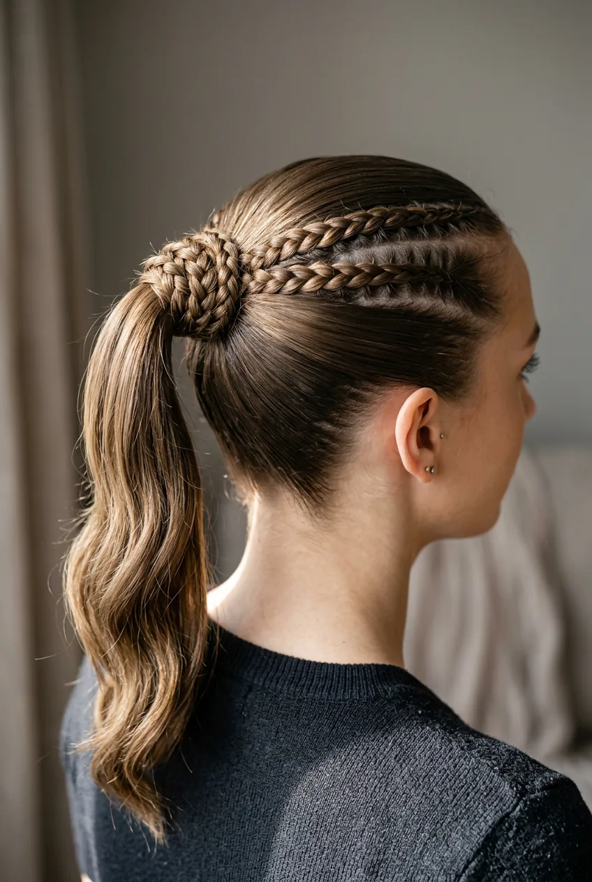 Braided base ponytail combining small Dutch braids at hairline with sleek gathered hair