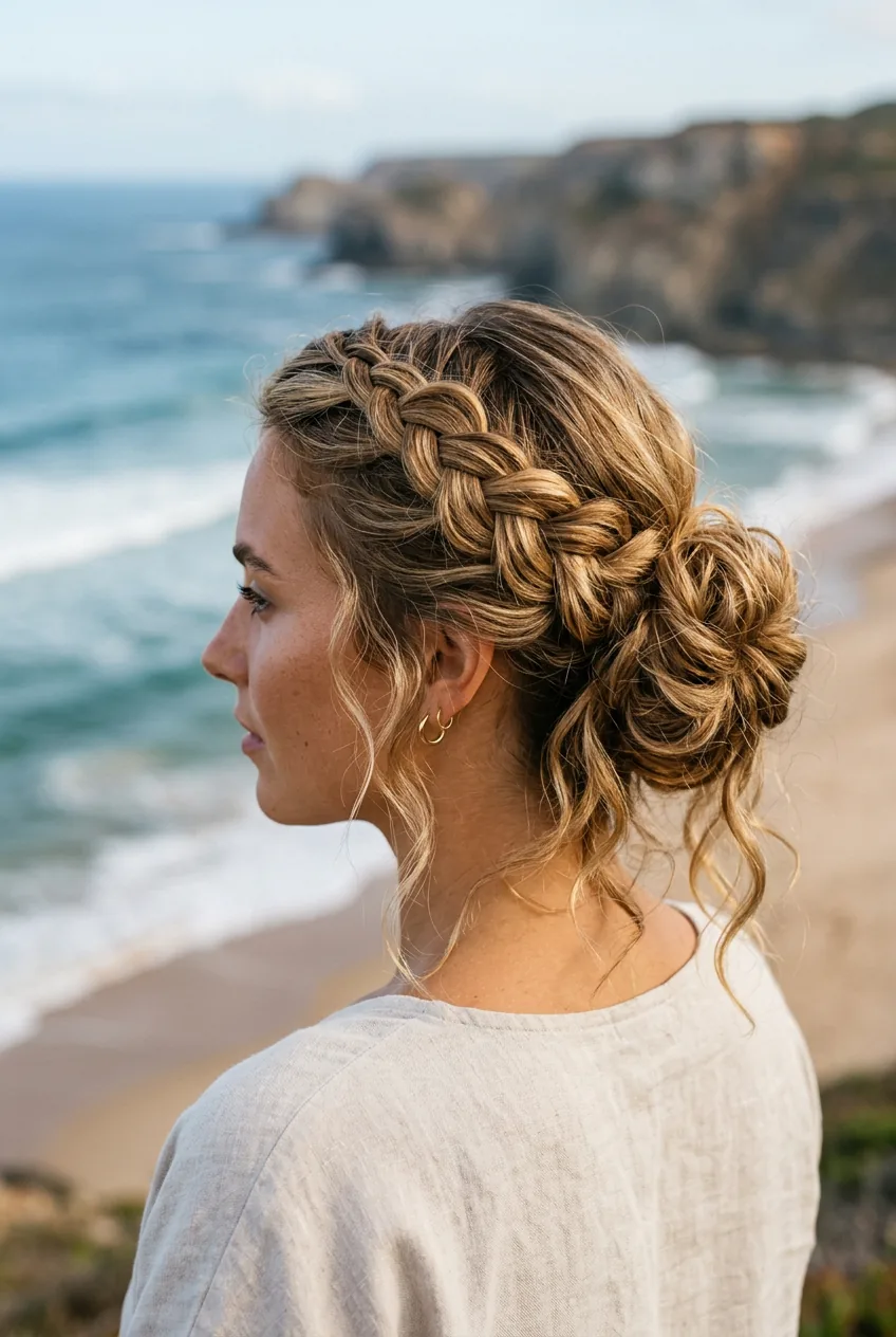 Braided bun showing loose braid texture coiled at nape for beach day