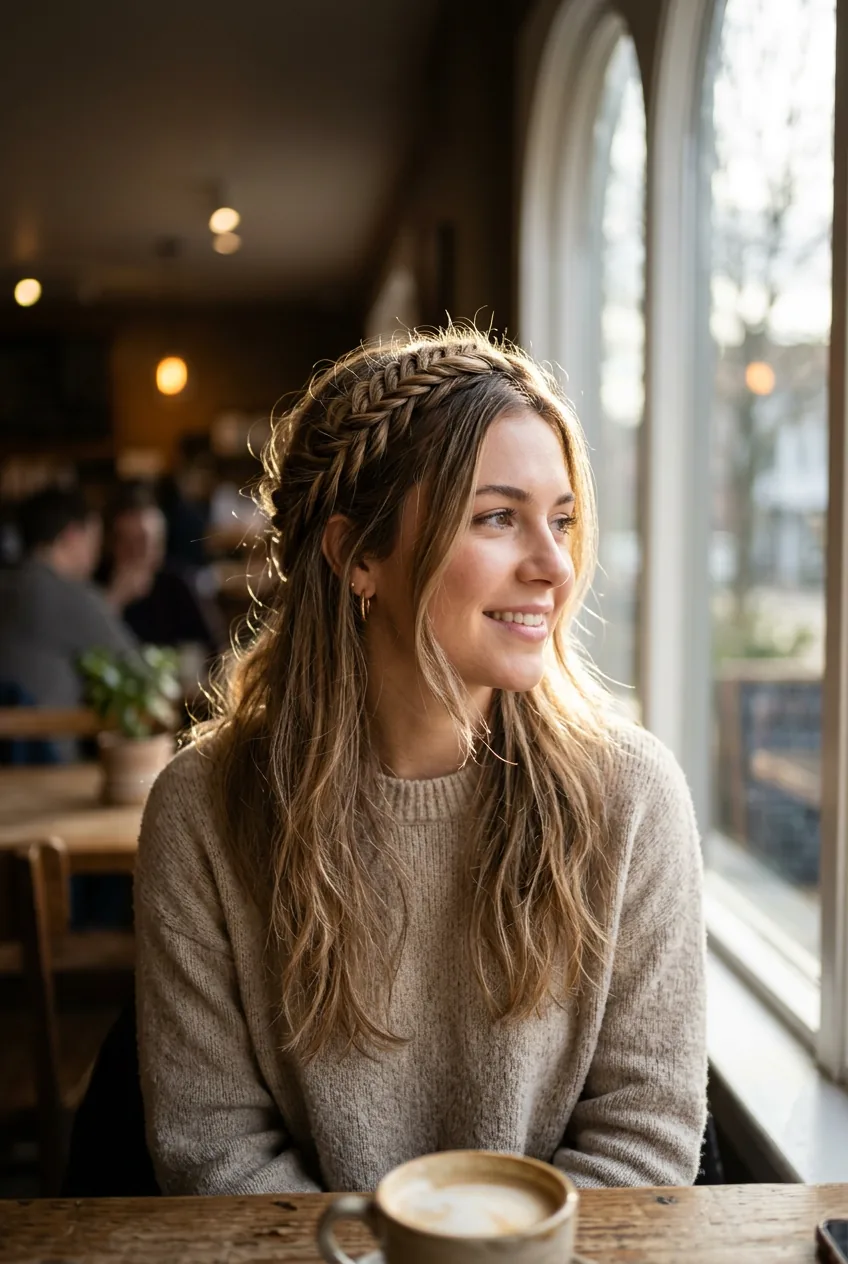 Woman with delicate braided crown across top and loose flowing hair beneath