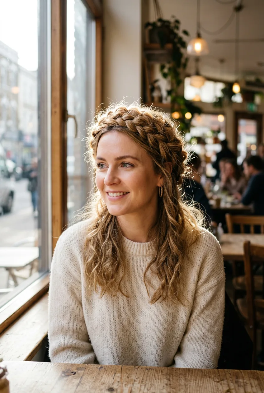 Woman with intricate braided crown halo and loose textured ends in cafe light