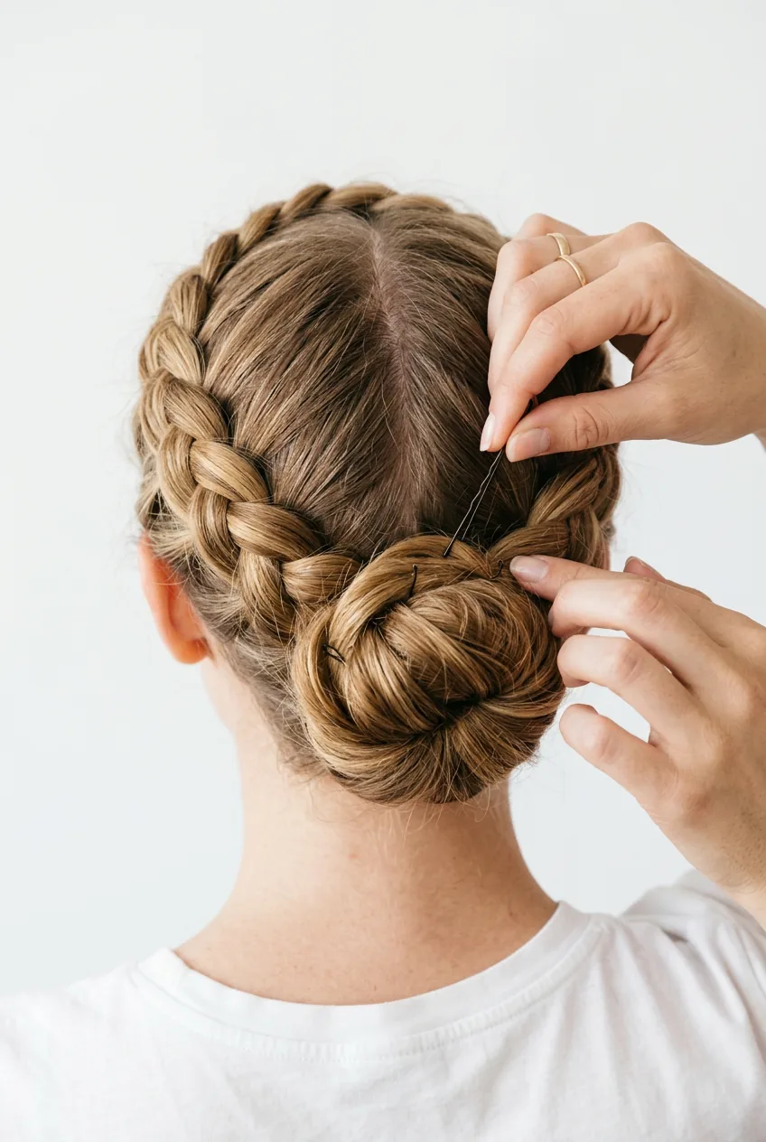 Overhead view of braided crown with low bun showing intricate Dutch braid detail