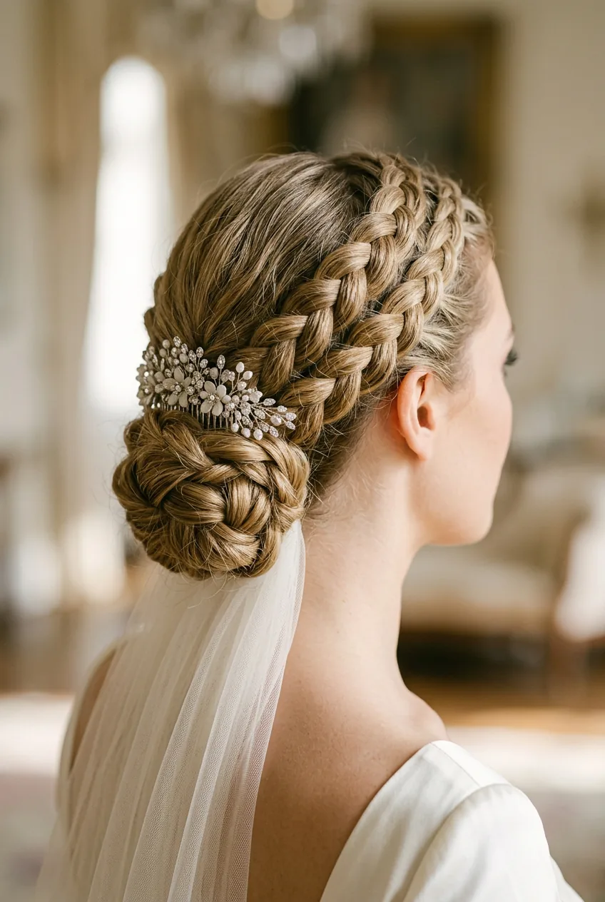 Intricate braided crown with low chignon showing detailed braid work and veil comb placement