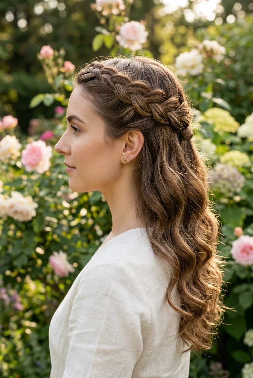 Profile shot displaying Dutch braided crown detail with flowing waves in natural outdoor setting