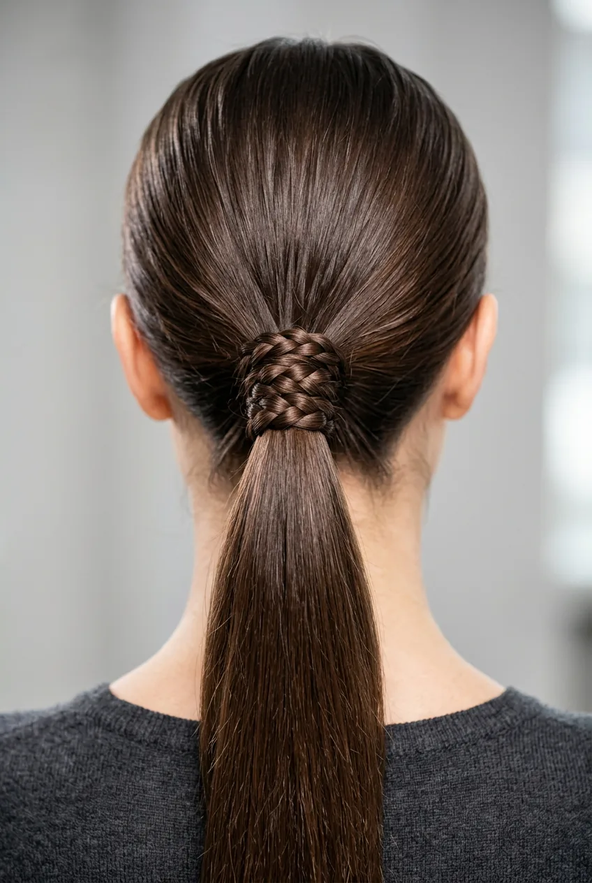 Ponytail elevated with braided hair wrap around elastic showing polished professional technique