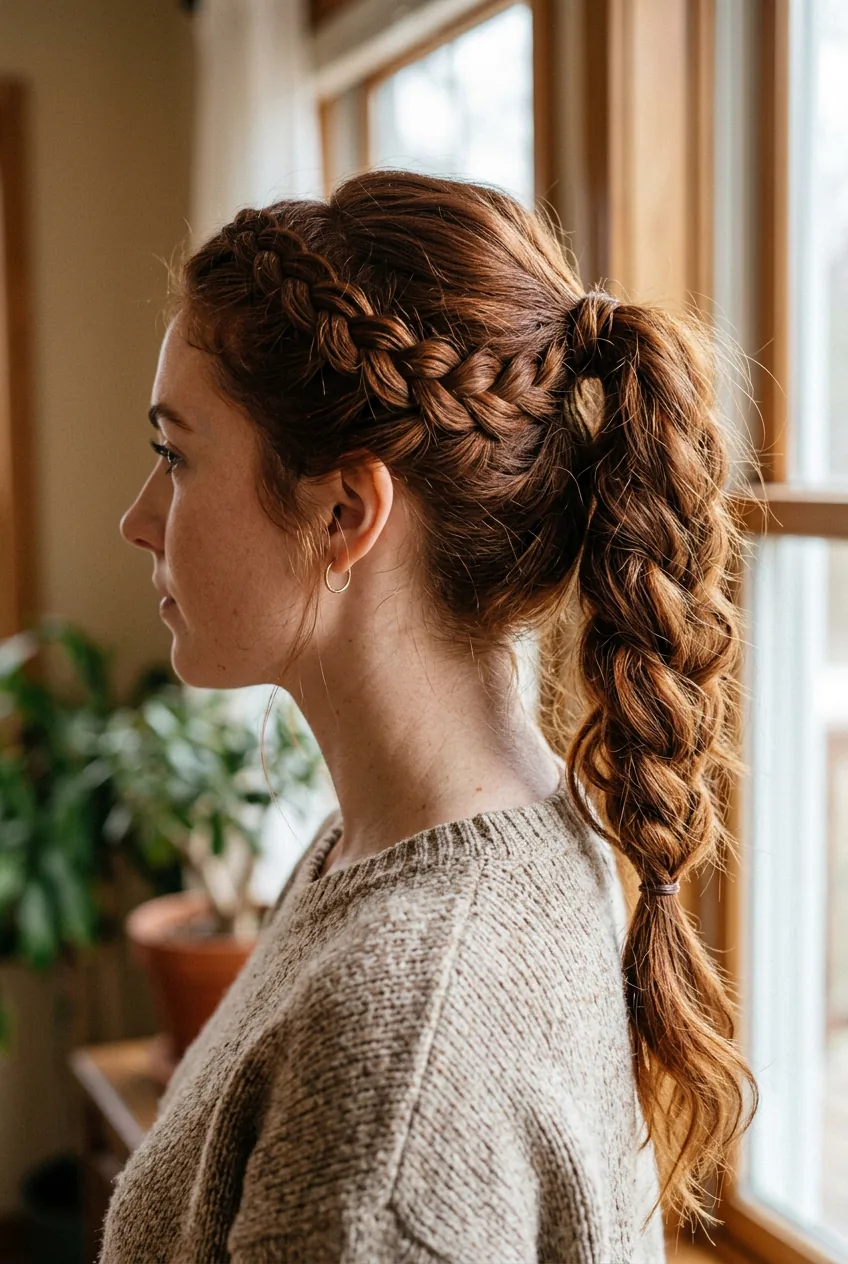 Side view of woman with braided ponytail featuring Dutch braid detail along temple