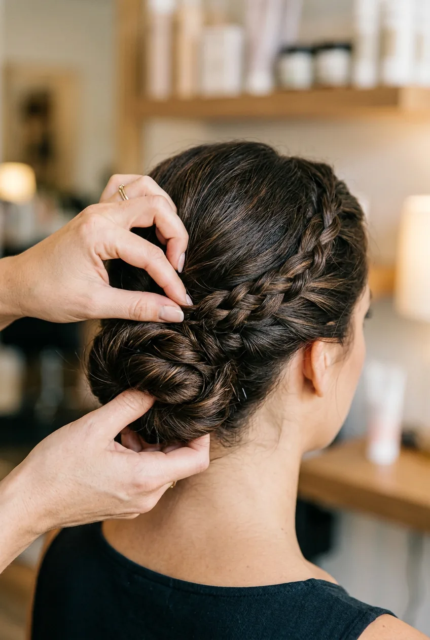 Detailed view of braided section being incorporated into low updo with hands working