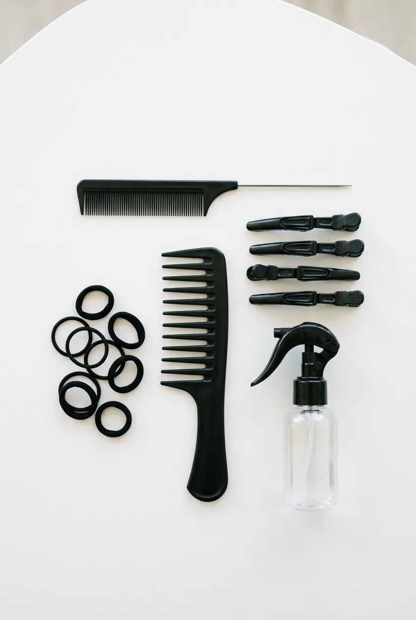Overhead view of braiding tools including combs, elastics, clips and spray bottle on white surface