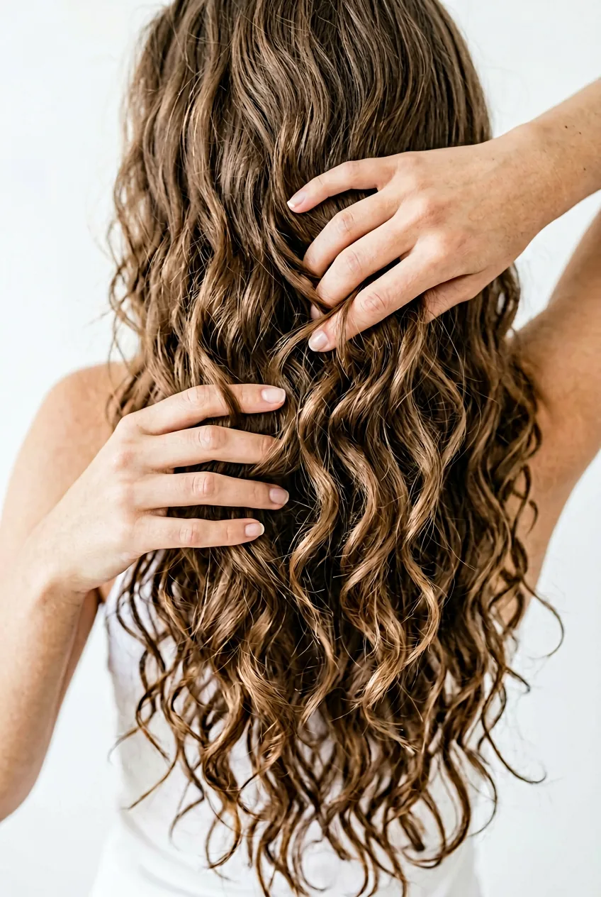 Hands gently finger-combing through curled long hair to create natural wave texture