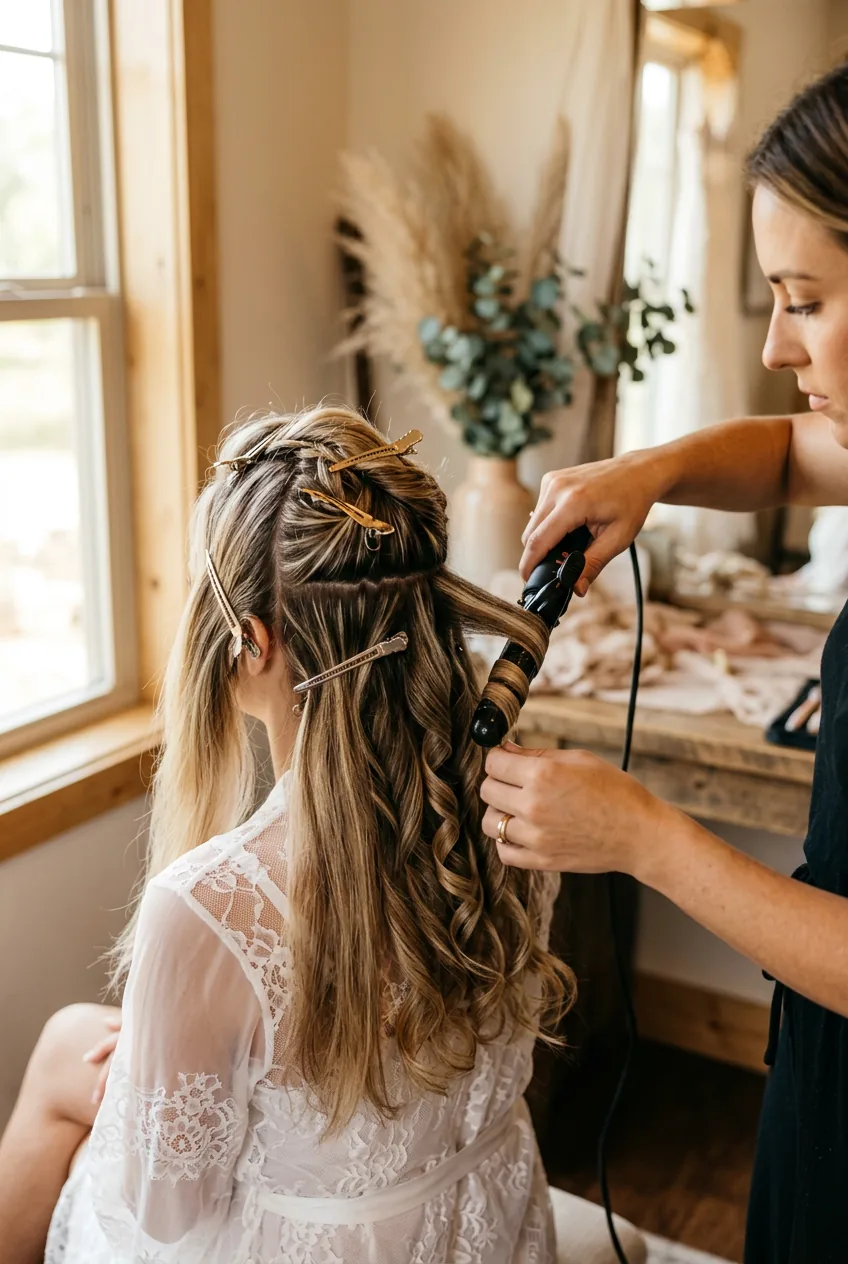 Hair being curled with professional iron showing methodical sectioning technique with clips separating strands of hair