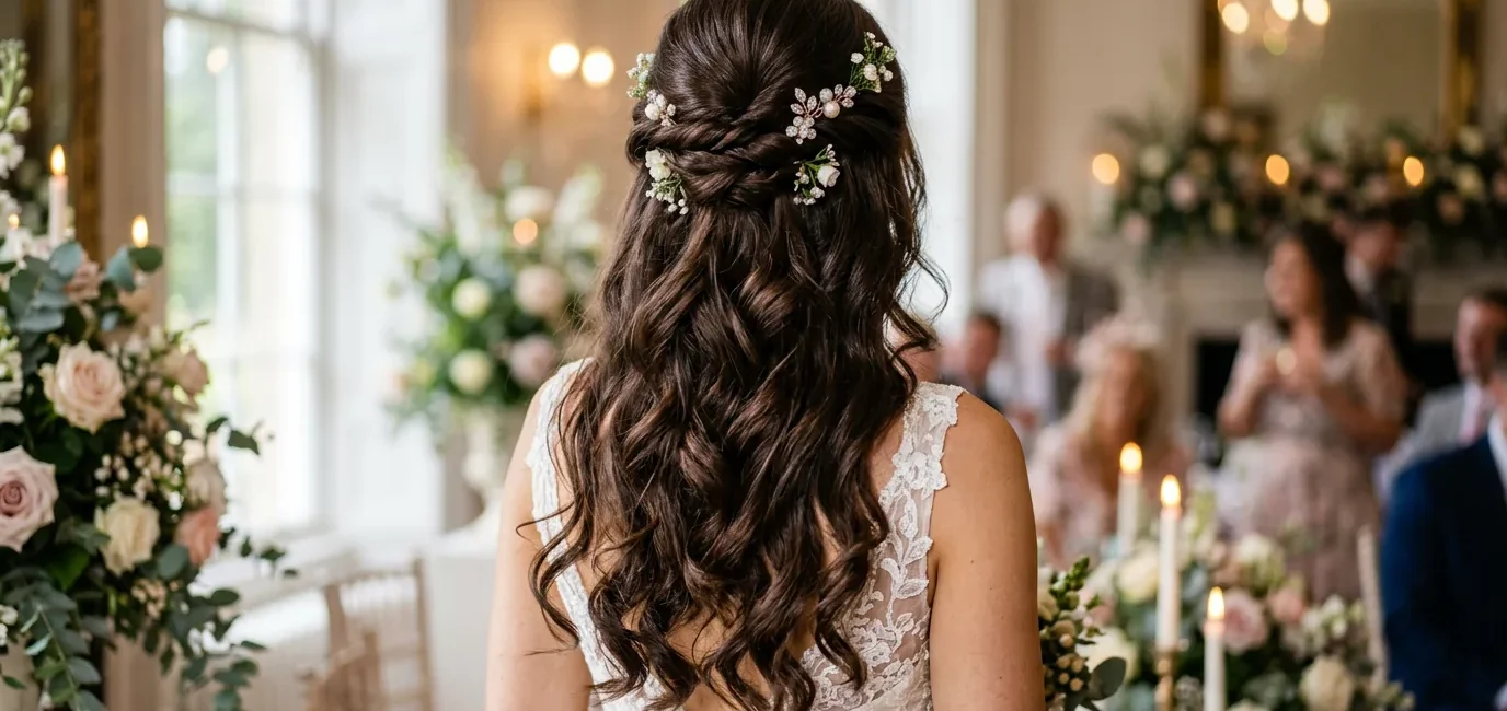 Brunette woman from behind showing elegant bridal half up half down hairstyle with romantic curls