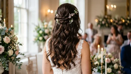 Brunette woman from behind showing elegant bridal half up half down hairstyle with romantic curls