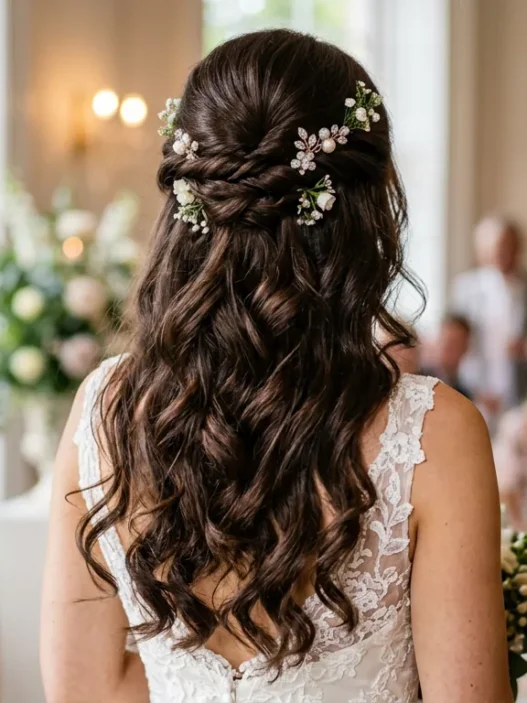 Brunette woman from behind showing elegant bridal half up half down hairstyle with romantic curls