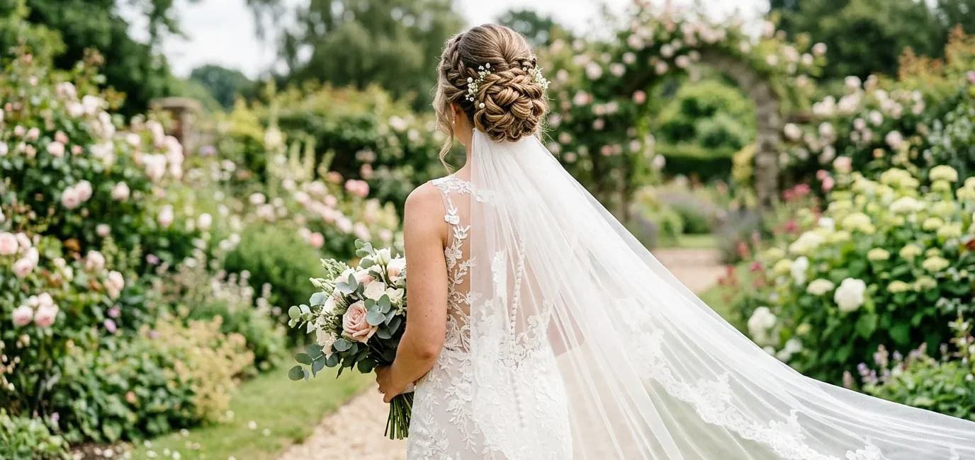 Bride with elegant updo and cathedral veil in garden setting showing hair and veil attachment