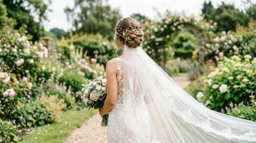 Bride with elegant updo and cathedral veil in garden setting showing hair and veil attachment