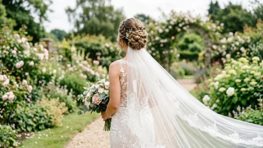 Bride with elegant updo and cathedral veil in garden setting showing hair and veil attachment