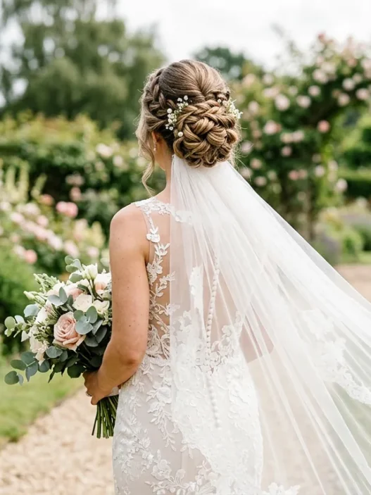 Bride with elegant updo and cathedral veil in garden setting showing hair and veil attachment