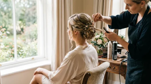 Bride in silk robe sitting while professional hair stylist works on updo styling during early morning wedding preparation