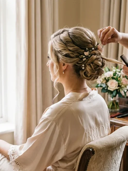 Bride in silk robe sitting while professional hair stylist works on updo styling during early morning wedding preparation