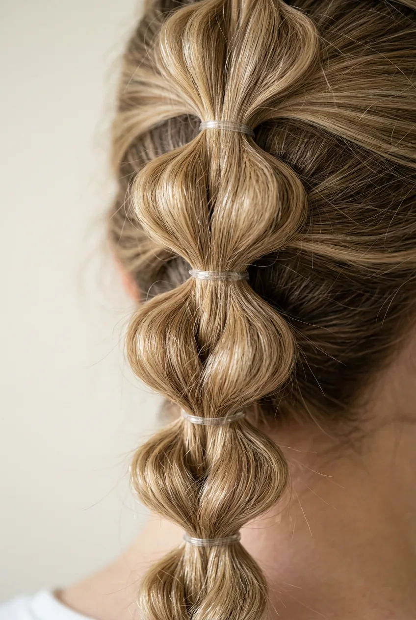 Close-up detail of bubble braid technique with clear elastics creating distinctive bubble sections