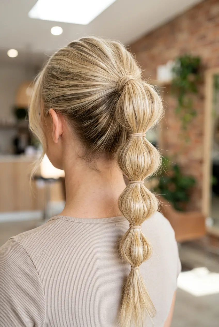 Detailed view of bubble ponytail showing multiple elastic segments with voluminous sections