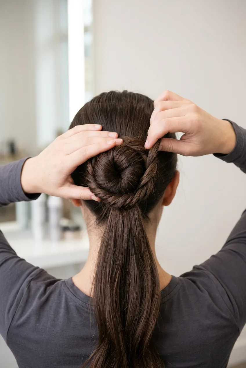 Hands forming circular bun by wrapping twisted hair around ponytail base