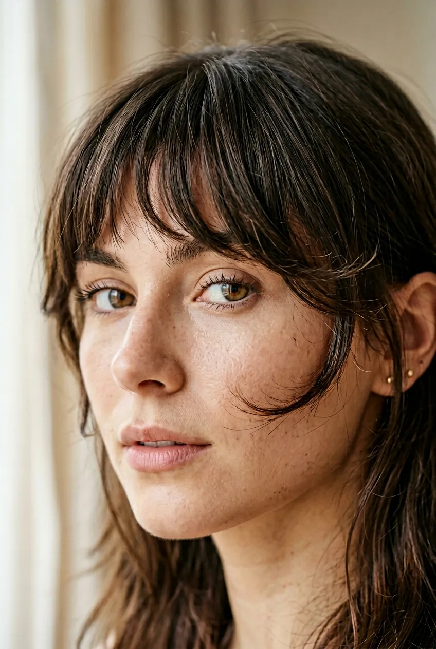 Butterfly bangs mid-cut showing curved cutting pattern with varying lengths