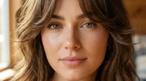 Woman with butterfly bangs showing soft layered face-framing pieces around cheekbones