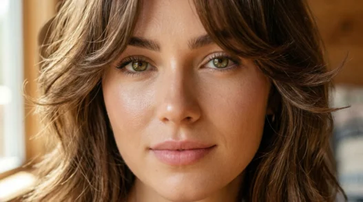 Woman with butterfly bangs showing soft layered face-framing pieces around cheekbones