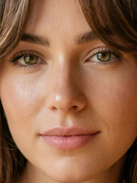 Woman with butterfly bangs showing soft layered face-framing pieces around cheekbones