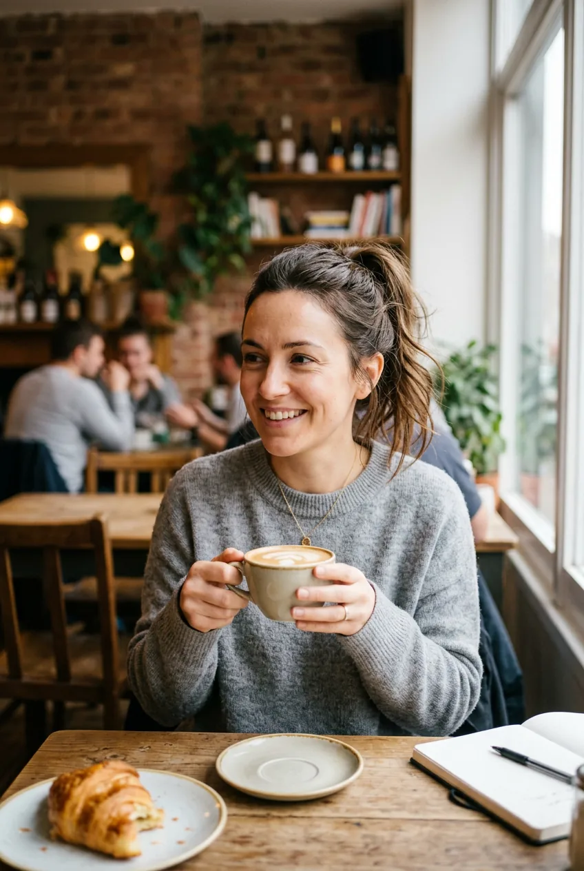 Woman with effortless messy ponytail in casual coffee shop morning setting